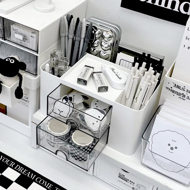 Schlichter, einfarbiger Stifthalter mit 2 Schubladen, großer Kapazität, multifunktionaler Aufbewahrungsbox für Schreibwaren, Schreibtisch-Organizer für Studentenbüros