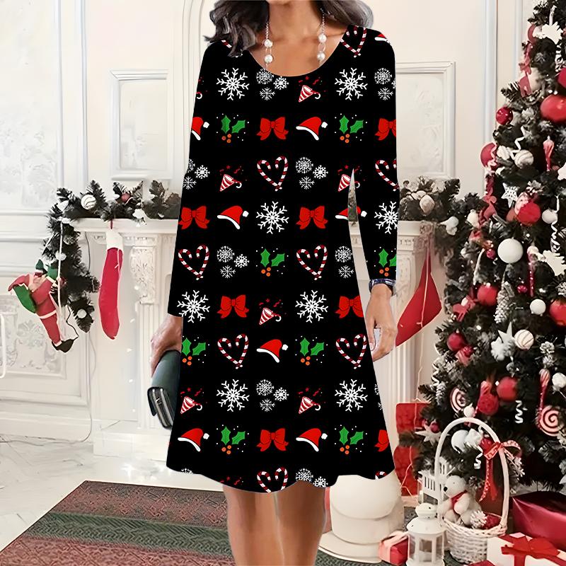 2025 Autumn & Winter Women's New Casual Crew Neck Dress 3D Christmas Pattern Ideal Halloween Christmas Gift