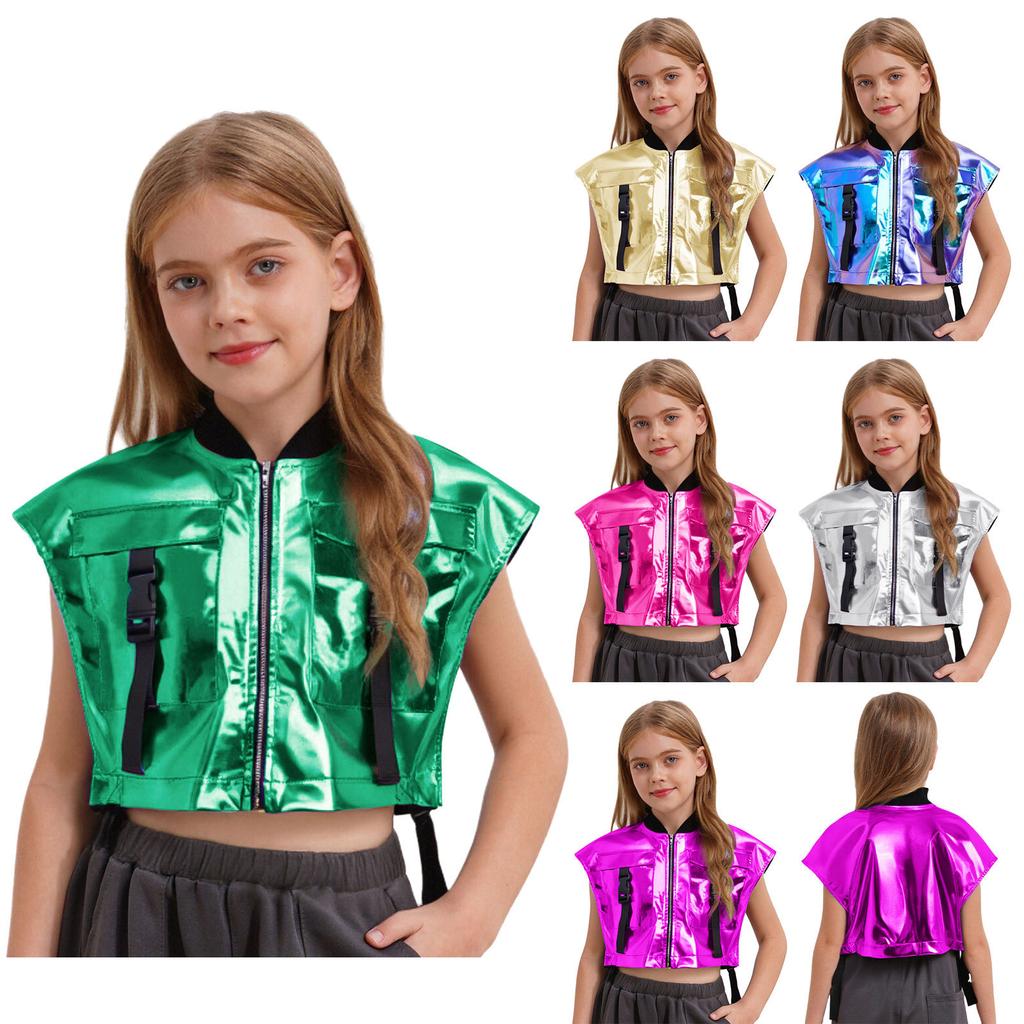 Girls Shiny Metallic Vest Sides Open Sleeveless Zipper Jacket Buckle Pockets Jazz Dance Costume