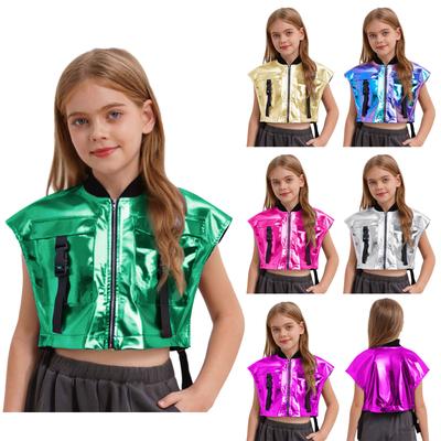 Girls Shiny Metallic Vest Sides Open Sleeveless Zipper Jacket Buckle Pockets Jazz Dance Costume