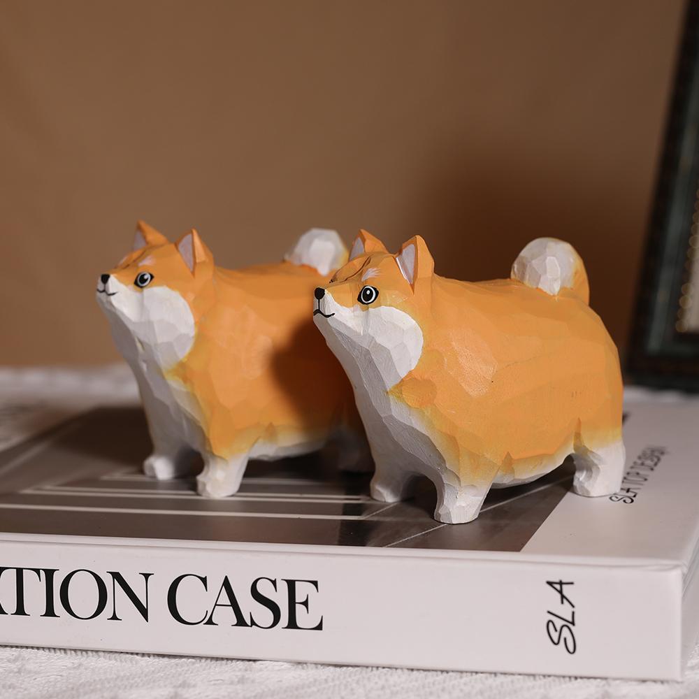 Handcrafted wood carving  Fat Shiba Inu Desk Decoration Cute Shiba Inu Figurine Home Decor Handicraft Collection Ornaments Dog