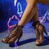 Fashion Leopard Mesh High Heels Women Sandals New Lace Up Cool Boots 2025 Summer Sexy Pointed Toe Pumps Elegant Party Sandalias De Mujer