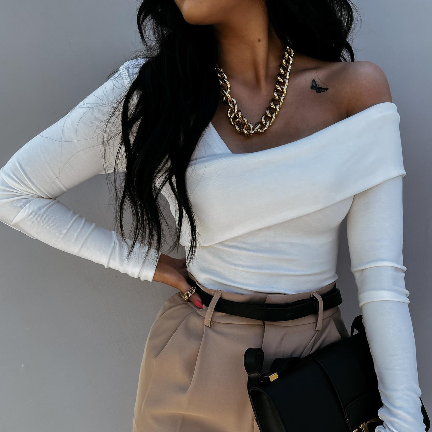 

VEZFAA Женская мода Повседневная Осень Зима Однотонный Принт Длинный Рукав Косой Воротник Блузки и Рубашки L белый