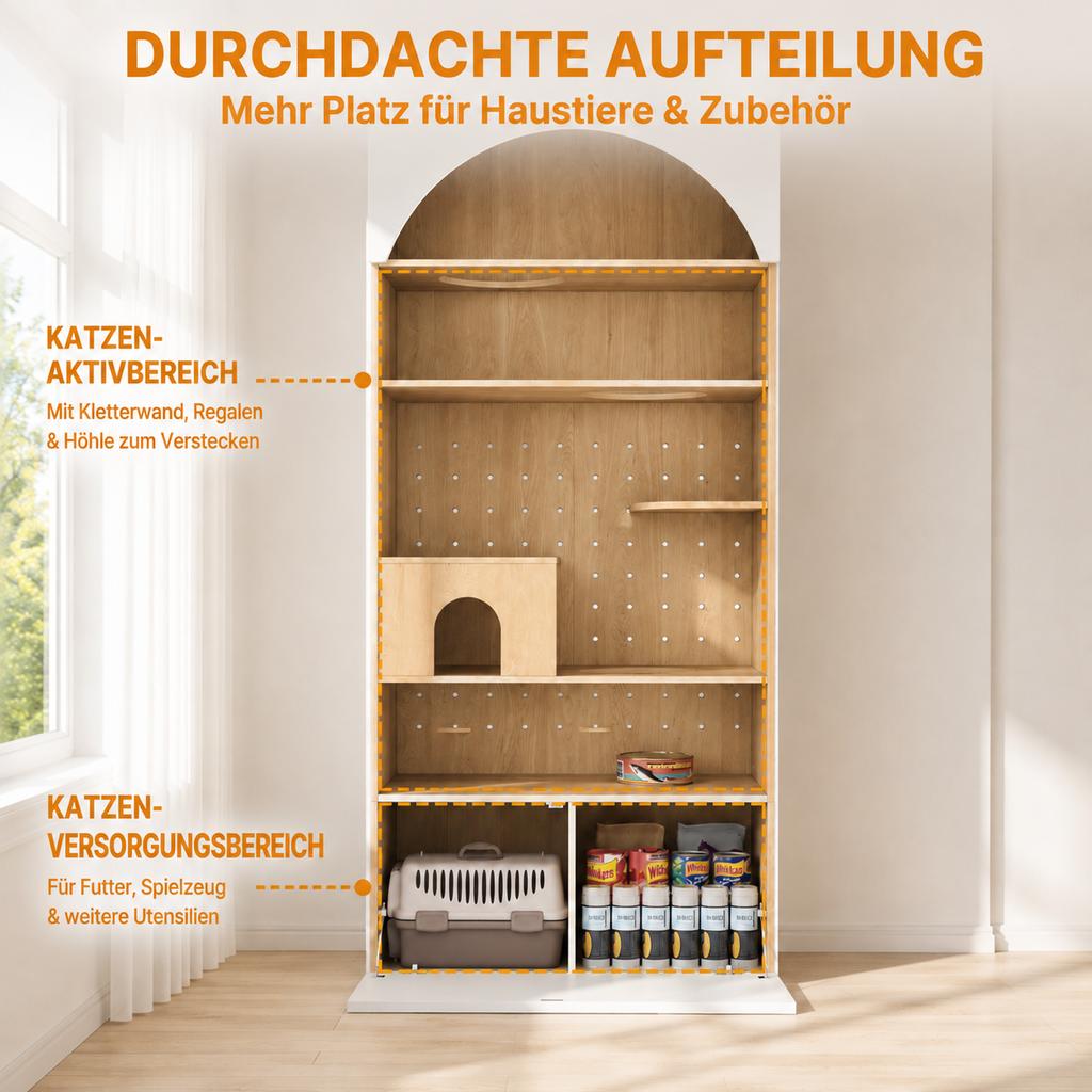 Multi-purpose Cabinet, Pet Cabinet, with Cat Climbing Wall, Cat Cave, and Lying Areas, 90 X 50 X 202 Cm, with Storage Space, White+wood Look