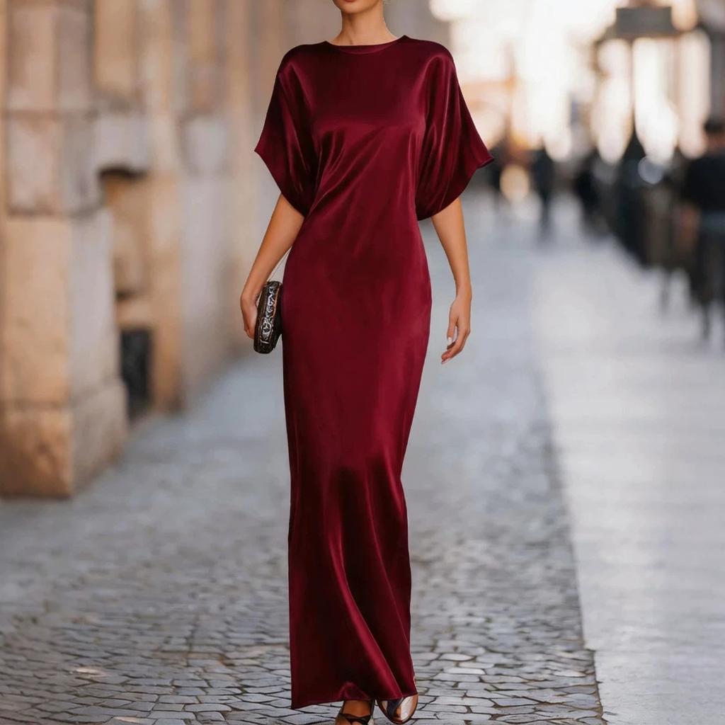 Women's Fashion Round Neck Short Sleeve Long Dress Satin Fabric Elegant Evening Gown Casual Loose Fit Full Length Maxi Dress