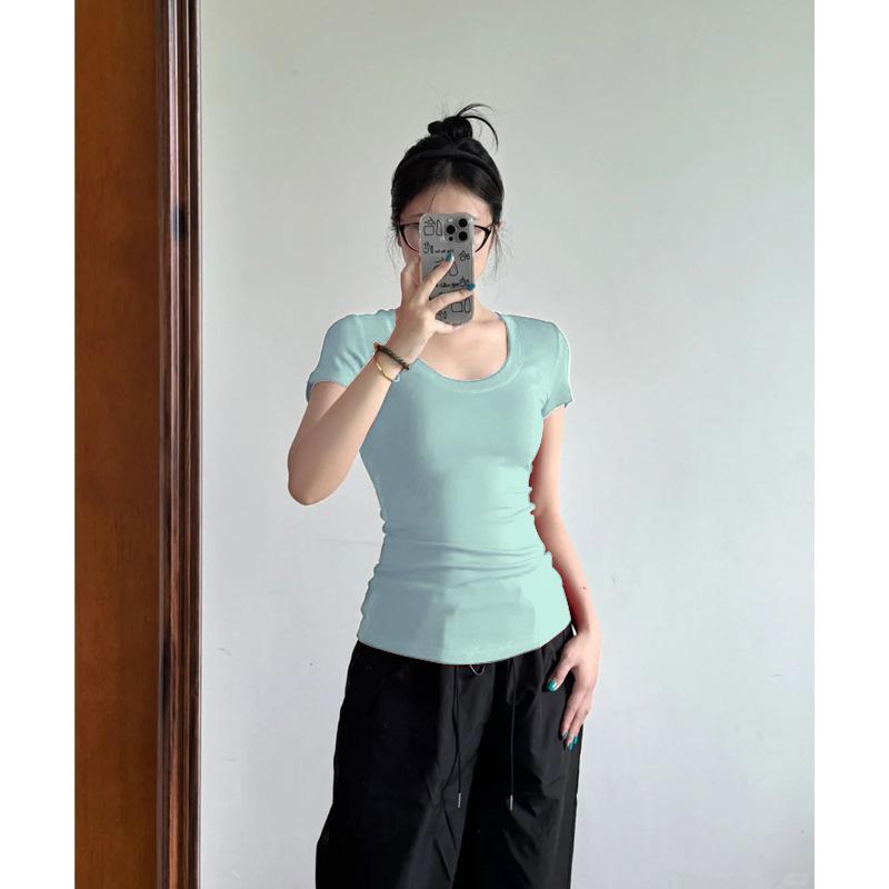 

Кремово-желтая женская футболка с плечами Новый летний наряд С короткими рукавами Облегающий короткий топ с короткими рукавами XL