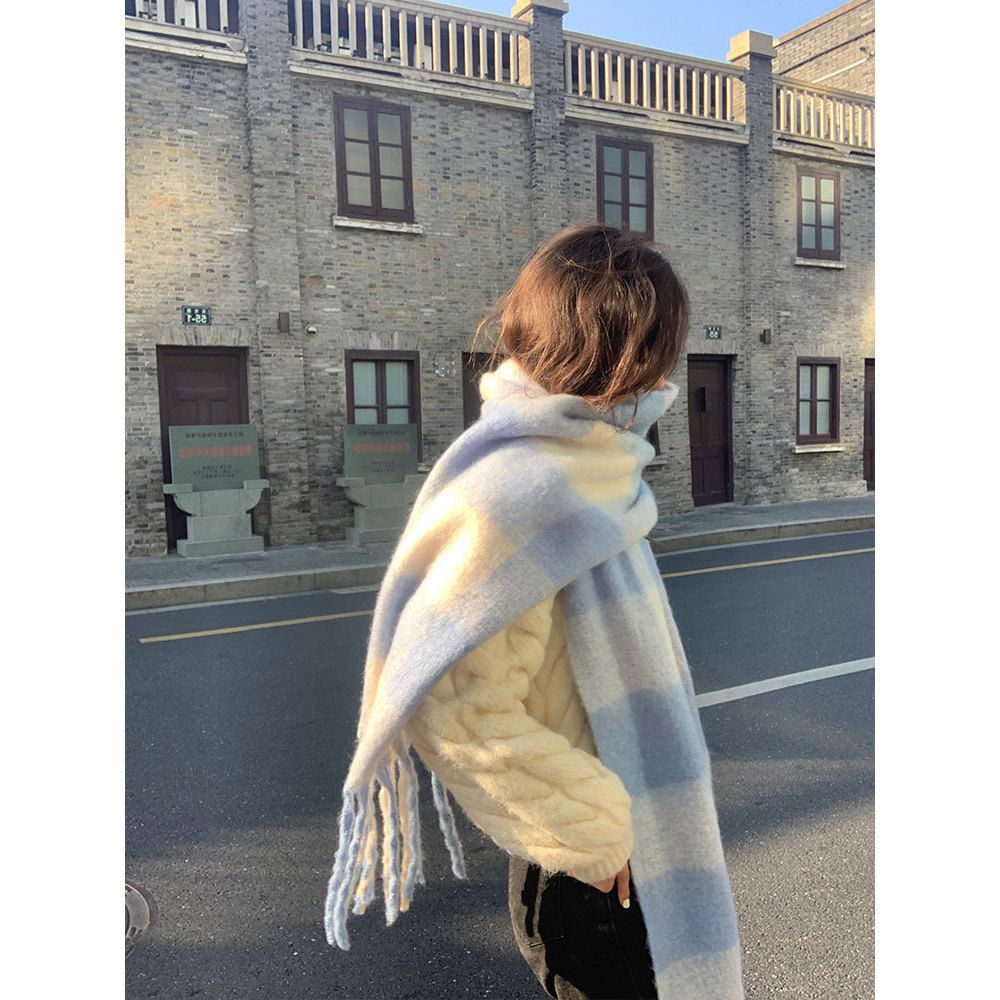 Korean Style Blue and White Plaid Mohair Women's Scarf for Women In Autumn and Winter Versatile Soft and Waxy Warm Imitation Cashmere Scarf Thickened