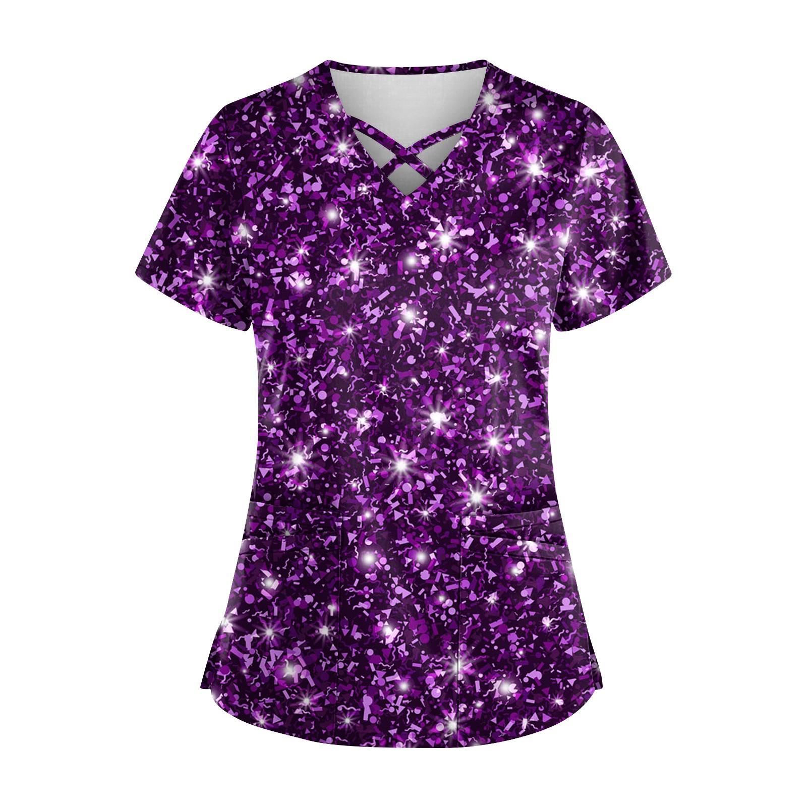 

Женская рубашка с короткими рукавами, крест-накрест, V-образным вырезом, пайетками, напечатанным карманом, униформа для сиделки, V-образный вырез, карман для сиделки L темно-фиолетового
