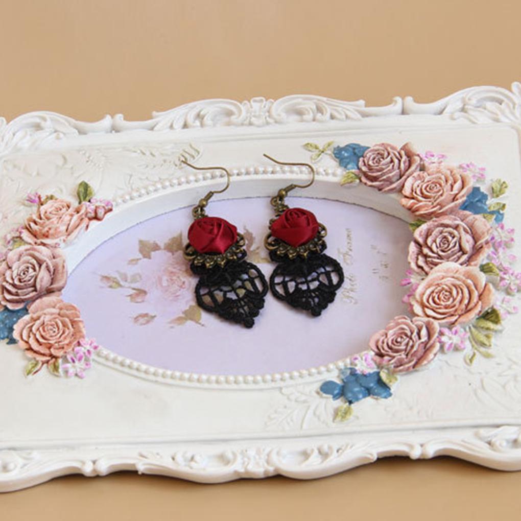 Gothic Dangle Earrings Medieval Retro Vampire Silk Red Rose Lace Elegant Party Costume Ball Drop Earrings Women Jewelry