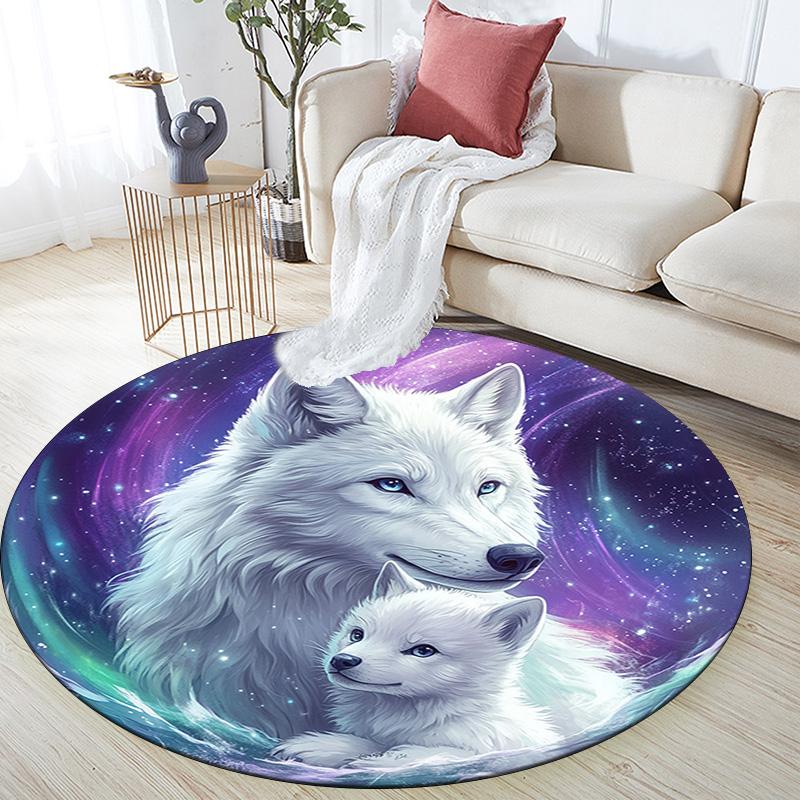 Weißer Wolf Runder Teppich, Teppich für Wohnzimmer Schlafzimmer Sofa Spielzimmer Dekor, Rutschfeste Bodenmatte