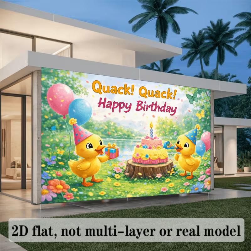 2D Zeichentrickente Kuchen & Geschenk Frühlingsgarten Geburtstag Fotografie Hintergrund