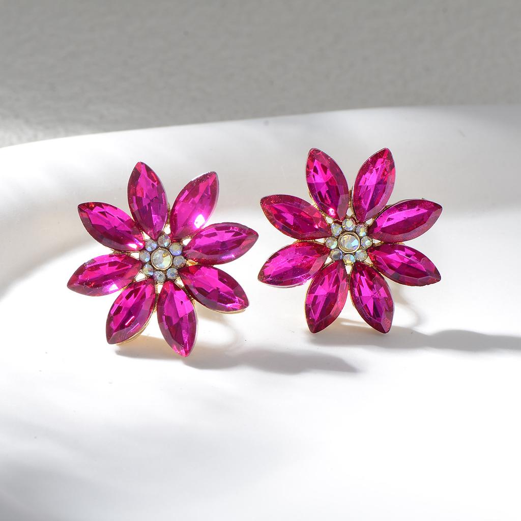 Vintage Light Luxury Colorful Diamond Sunflower Ear Clips High End Crystal Earrings Elegant Evening Party Jewelry