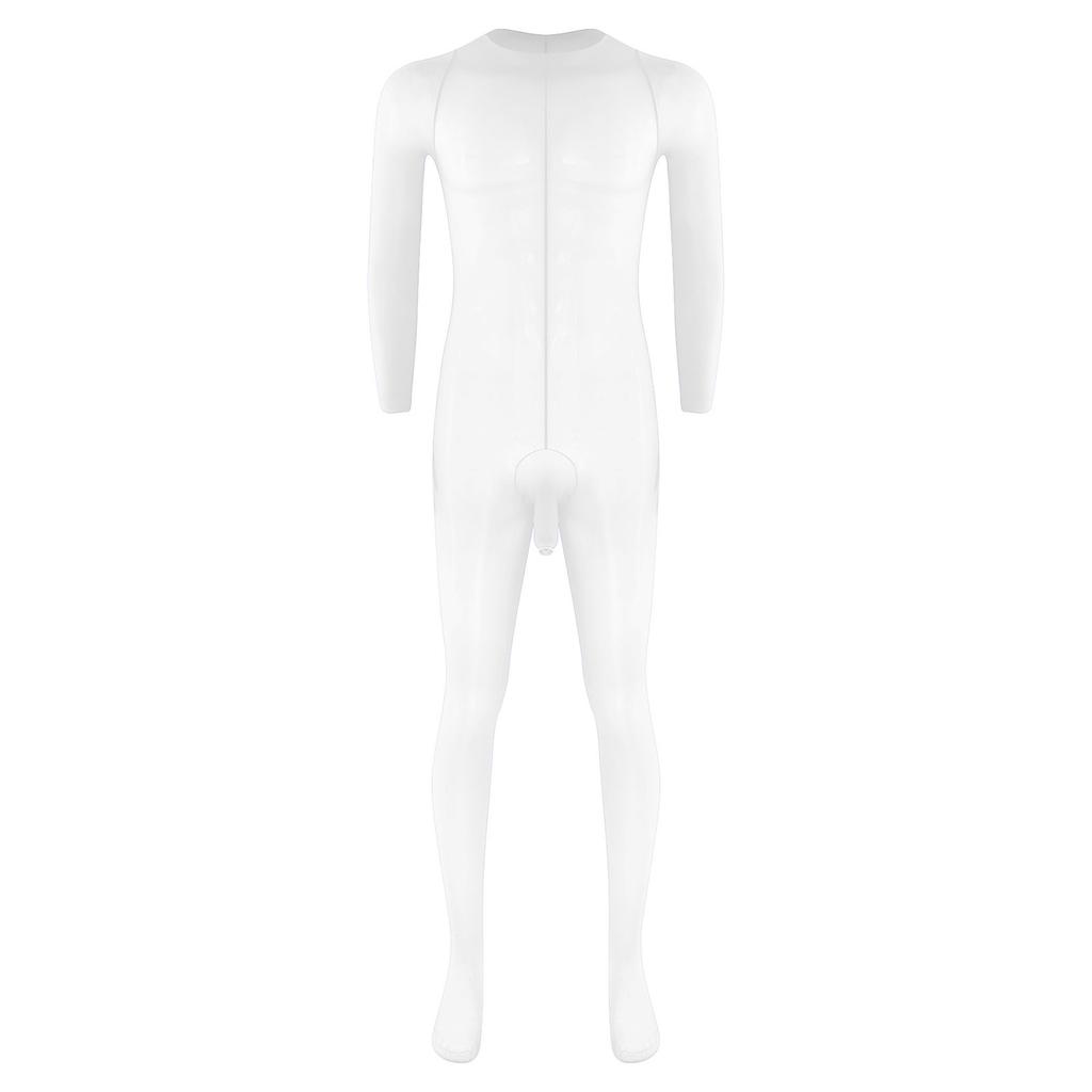 Herren Glänzender Fußbodysuit Jumpsuit Rundhalsausschnitt Langarm Scheide Öffnung Sehr Dehnbar Glänzend Nachtwäsche