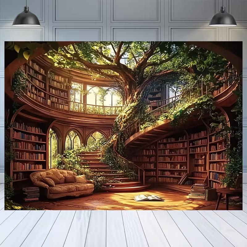 2D Vintage Fantasy Library Backdrop with Growing Tree & Bookshelves