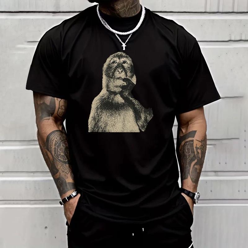 

Funny Monkey Print T-shirt for Man Spring Summer Daily Casual Fashion Short Sleeve Cotton Top Home Outdoor Comfort Black Tees XL