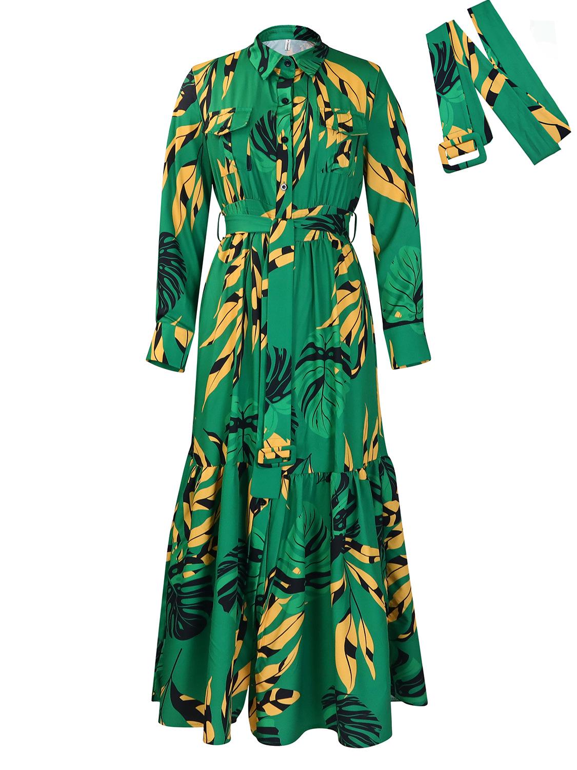 

Платье-рубашка с длинными рукавами и завязками на лацканах в европейском и американском стиле для осенних женщин M зелёный