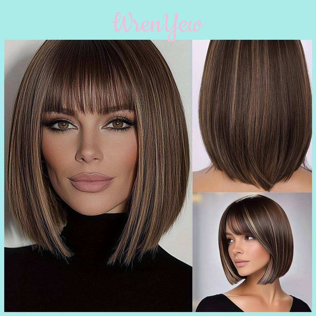 Womens Short Straight Wig With Bangs Hightemperature Silk For Casual And Party Use