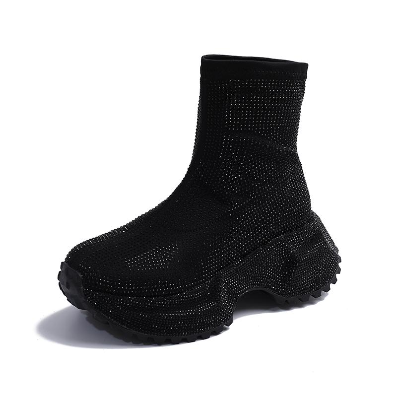 Full Drill Cover Foot Single Shoes Autumn New Round Toe Platform Sole Non-slip Wear-resistant Block Heel Boots