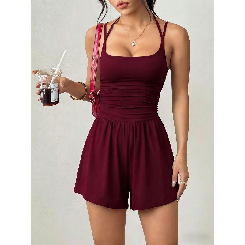 

Strapless Women s Casual Summer Wide-leg Loose Chest-baring Waist-closing One-piece Pants Shorts XS бордовый