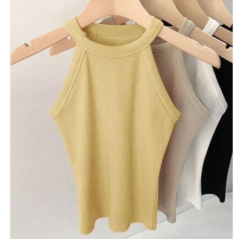 Damen Halter Neck Geripptes Gestricktes Ärmelloses Figurbetontes Lässiges Crop Top