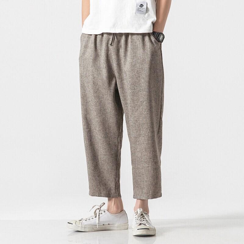 2025 Summer Men's Plus Size Cotton Linen Cropped Trousers - Chinese Style, Japanese Loose Fit, Casual Straight Pants