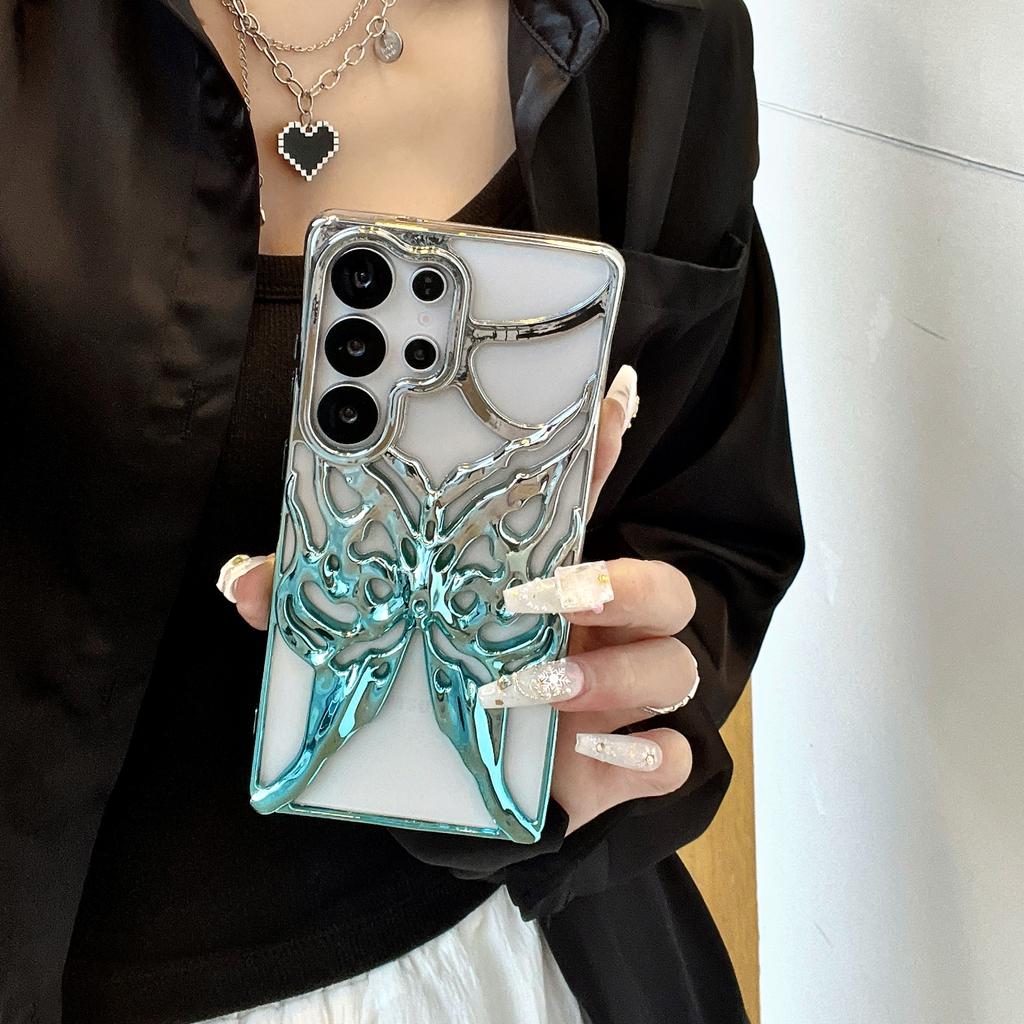 Luksusowe Etui na Telefon 3D Kolorowy Gradient Motyl Puste Wycięcia Dla Samsung S25 S24 Ultra Plus Odporne na Wstrząsy Chłodzące Galwanizowane Tylne Etui