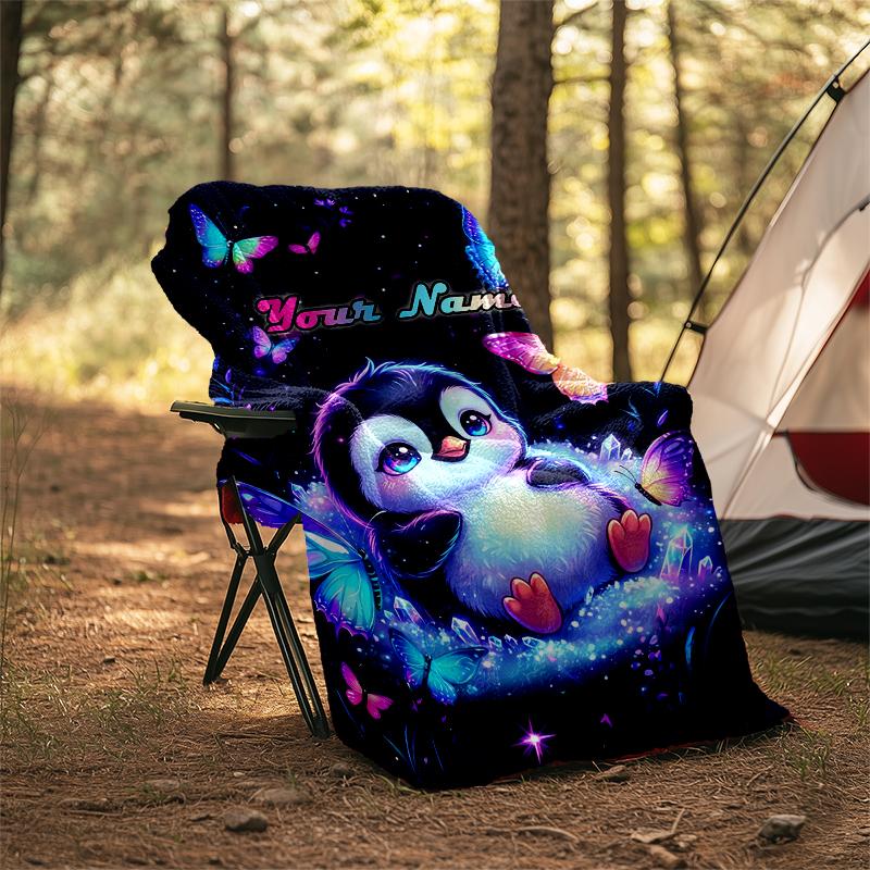 1PC Custom Name Penguin Butterflies Fantasy outdooor Flannel blankets Throw Blanket All-Season Throw Gift Bedspread for Couch, Bed, Camping Holiday Bi