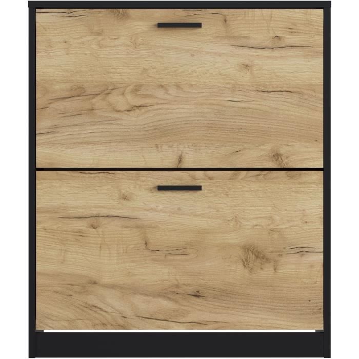 Shoe Cabinet with 2 Doors - Oak and Black Decor - 74x25x88 Cm - Leona