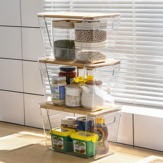 Kitchen Storage Containers with Wood Lid Transparent Plastic Pantry Organizer for Countertop Moisture Proof
