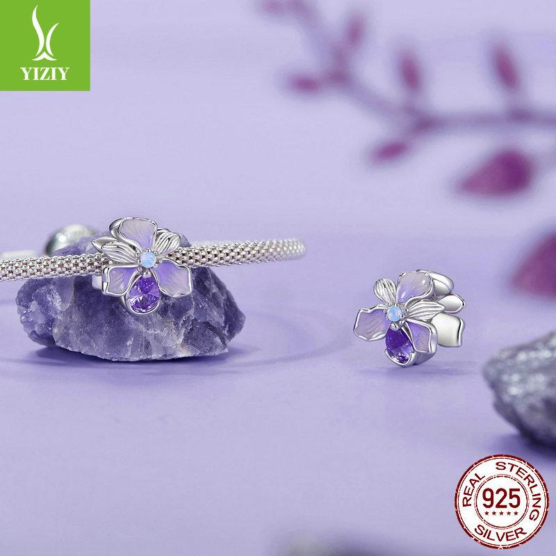 Perles Iris Violettes en Argent Sterling S925, Perles Libres, Perles Romantiques Élégantes Fleur DIY pour Bracelet