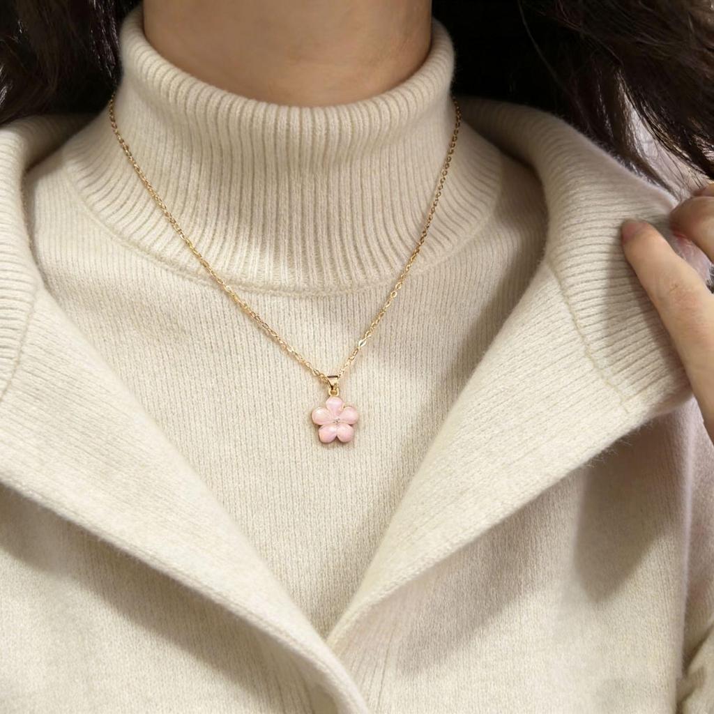 Hyuna-Style Sakura Enamel Alloy Pendant Necklace