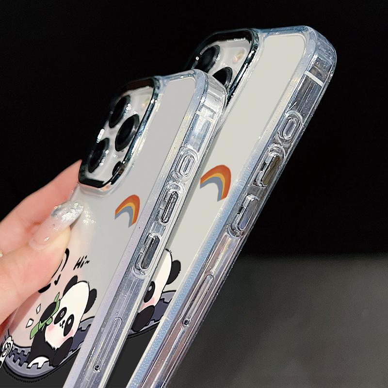 Cute Panda Print Case For iPhone 17 18 Pro Max 17E iPhone 16 15 14 13 Pro Max Plating Lens Frame Clear Soft Cover