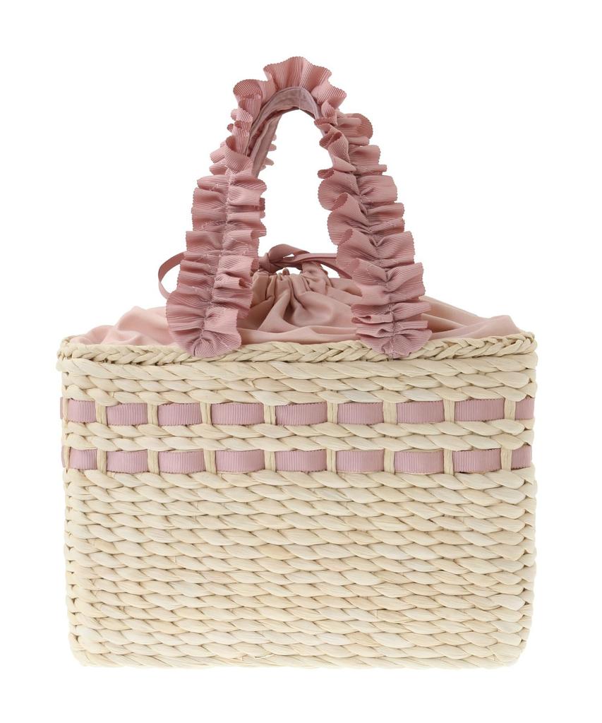 Maison de FLEUR Frill Handle Maize Ribbon Basket Bag In Pink Beige Women's