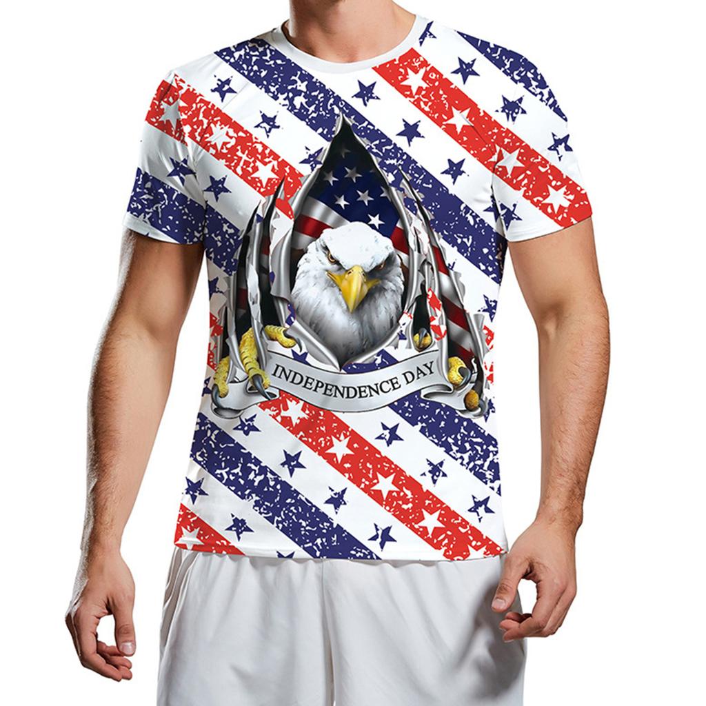 Summer Round Neck 3D American Flag and Eagle Graphic Print Top Fashionable Casual Short Sleeved Men's T-shirts