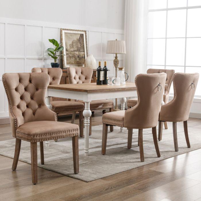 Esszimmerstühle - MUVOE - 6er-Set - Brauner Samt - Massivholzbeine - Verstellbar