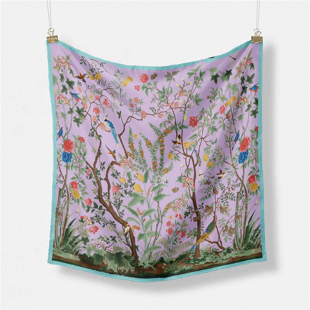 

53cm Brand Square Scarf Woman 2024 Design Flowers Birds Silk Women Scarf Bandana Luxury Headband Hijab Neckerchief