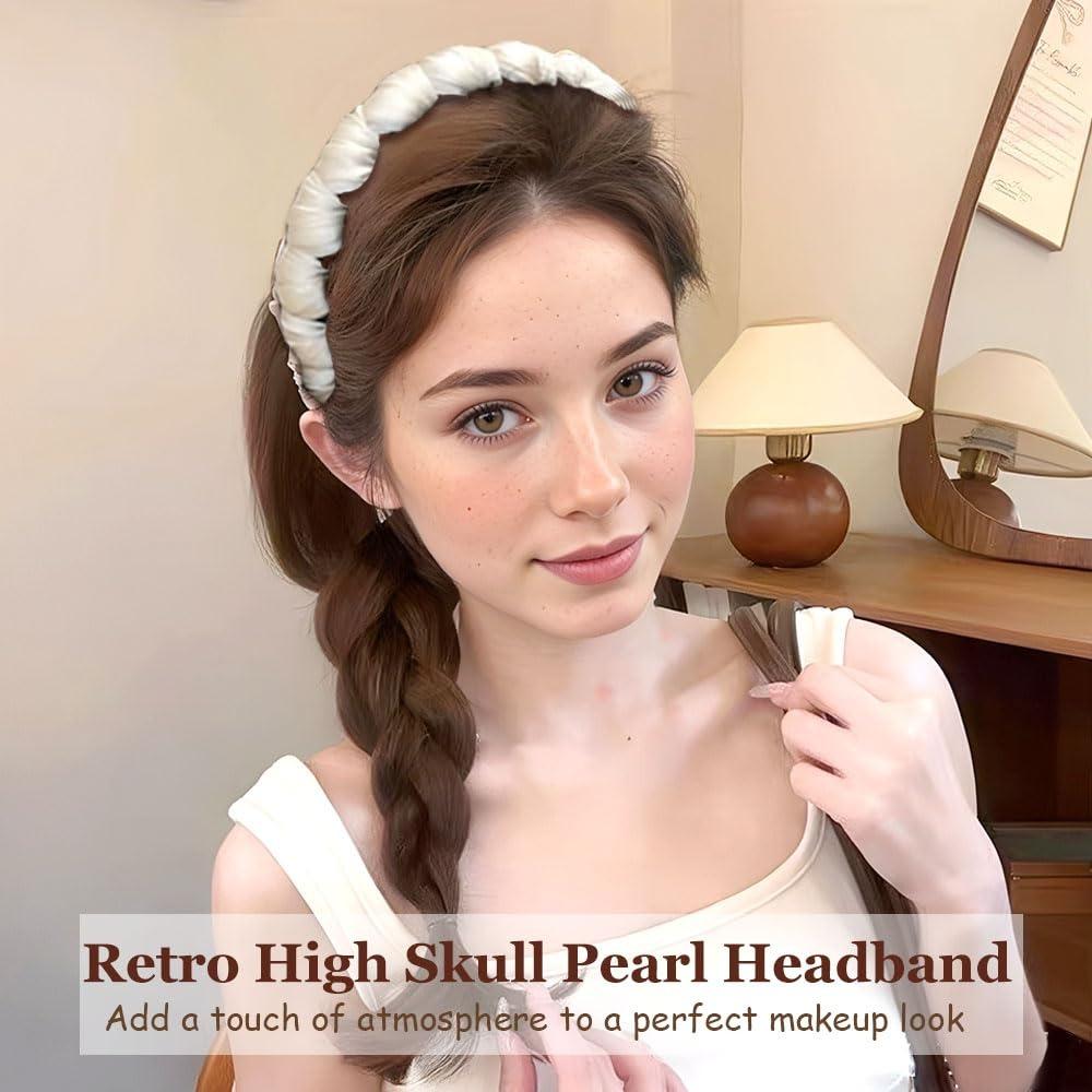 Retro high skull pearl headband, satin retro high skull artificial pearl teeth headband, high crown wavy headband