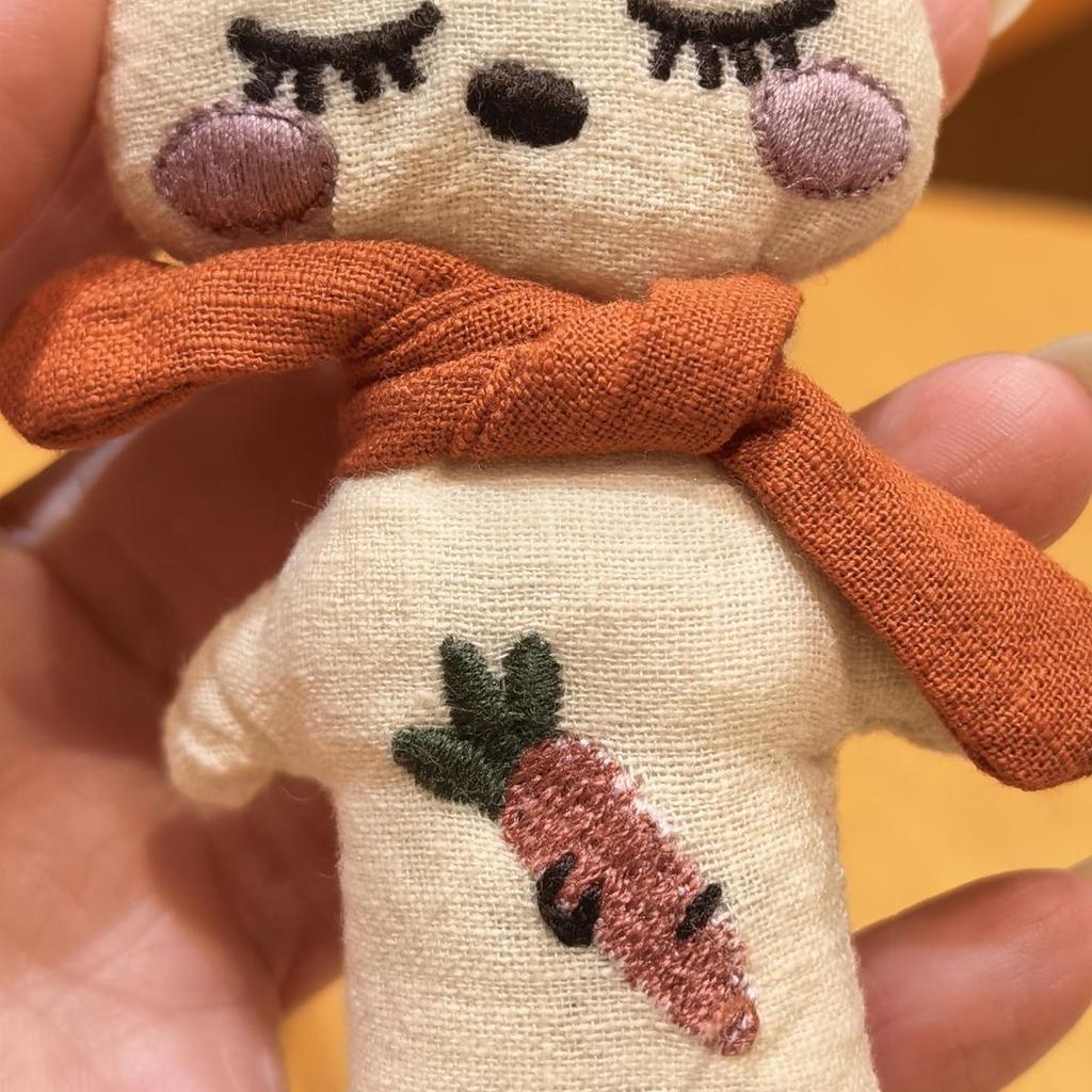 Handmade Fabric Rabbit Keyring, Linen Bunny Pendant with Carrot Embroidery & Multicolor Cord,Sleeping Bunny Keychain, Cute Plush Charm