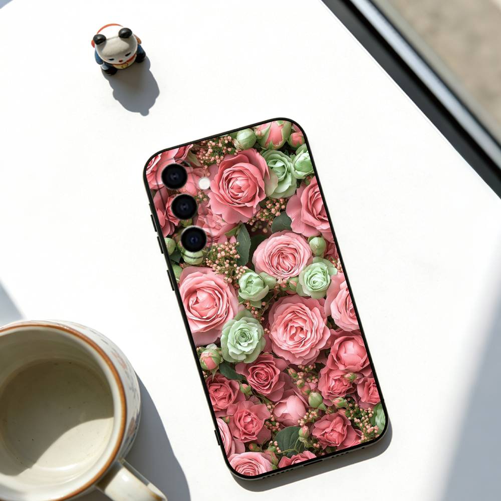 Flower Phone Case Black Silicone Soft For Samsung Galaxy A73,A72,A71,A70,A53,A52,A51