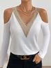 Elegant Lace V-Neck Applique Sleeve Hollow Out Long Sleeve Solid Color T-Shirt Skinny T-Shirt Women Versatile Closet Essential Fashion Items Shirt