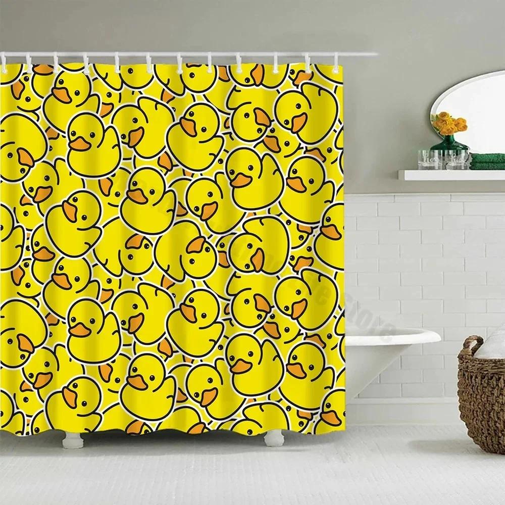 Cute Little Yellow Duck Shower Curtain Cartoon Funny Smiley Face Bathroom Waterproof Bath Duck Fabric 12 Hooks Bathroom Decor
