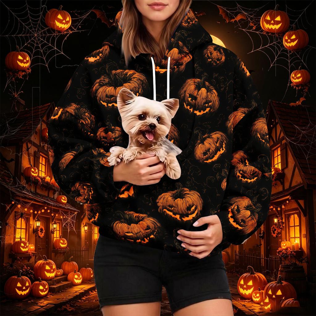Women's Fashion Halloween Print Hoodie with Pet Pocket, Casual Pullover Sweatshirt