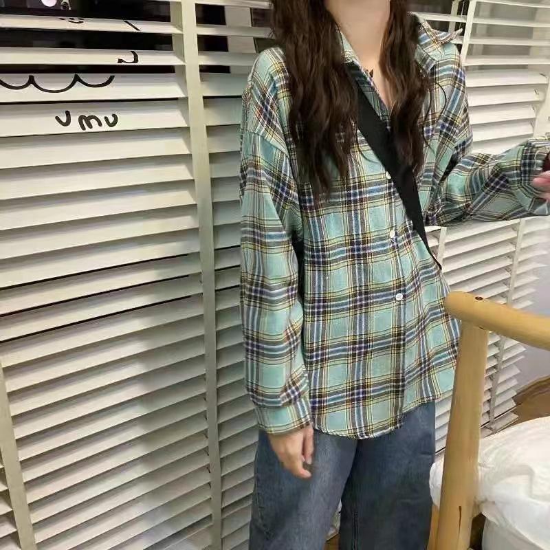 Cotton autumn new Harajuku shirt women's loose versatile and thin plaid shirt cardigan medium and long coat tide