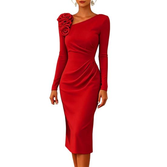 Huaqianguhh Vestito Midi Bodycon da Donna per Feste Cocktail, Manica Lunga Fiore 3D Pieghettato Abito Formale da Ospite di Matrimonio da Sera