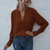 Women's Casual Loose Deep V-neck Shirt Chiffon Pleated Long Sleeve Work Shirt