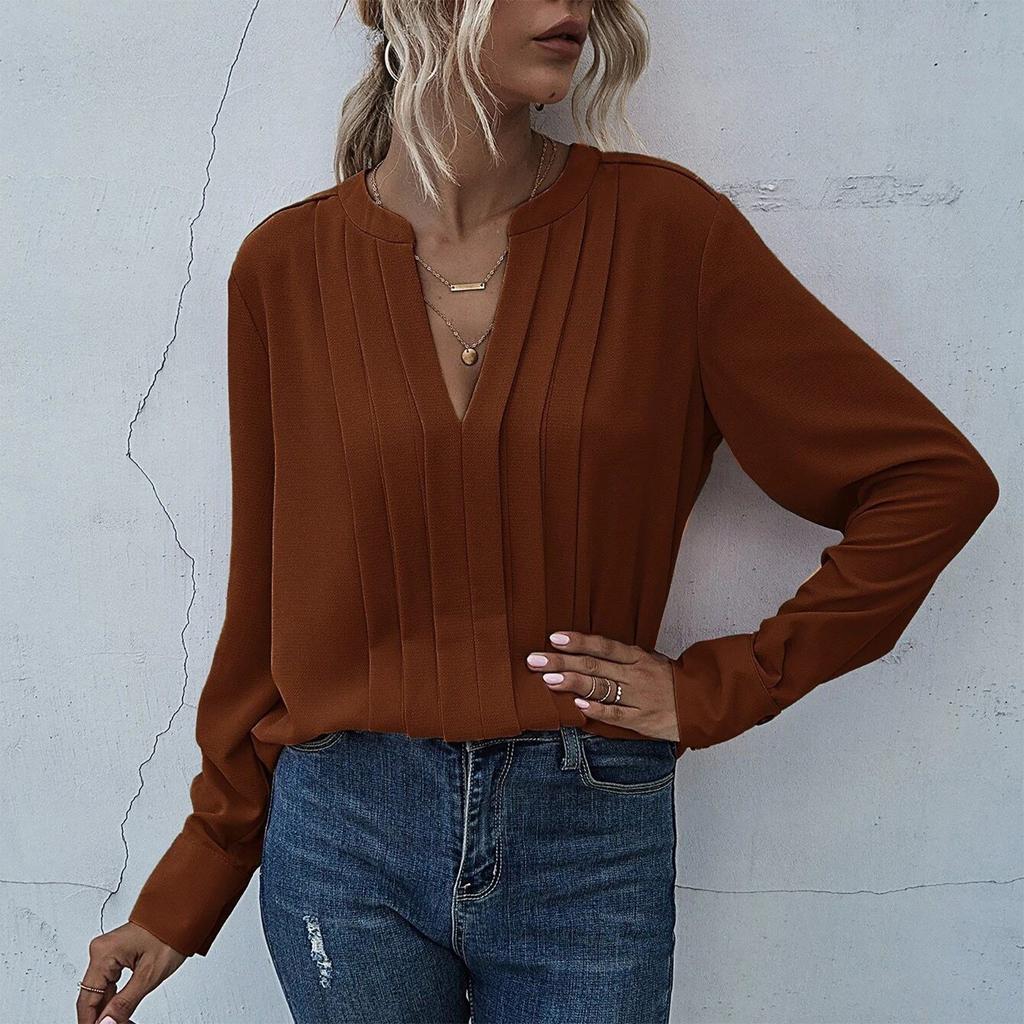 Women's Casual Loose Deep V-neck Shirt Chiffon Pleated Long Sleeve Work Shirt