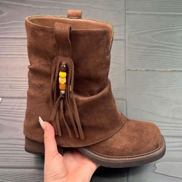 

Retro sleeve and trouser tube short boots women s new autumn pointed suede thick heel fringed thin boots 40