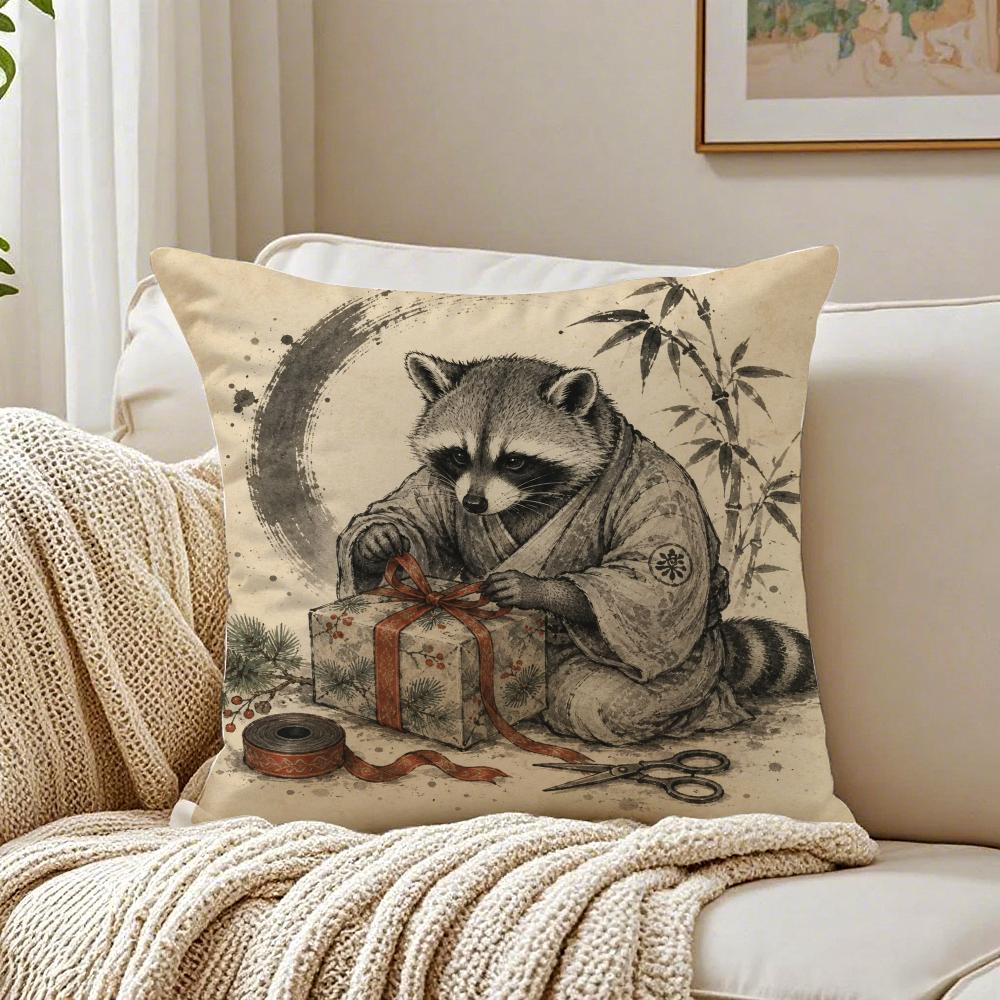 Japanese Raccoon Ramen Cushion Cover Breathable Short Plush Pillow Case Machine Washable Wrinkle-Resistant Soft Durable