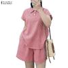 Women Short Sleeve Blouse and Shorts Summer Stripe Print Two Piece Suit Sets