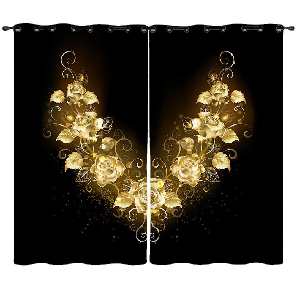 Gold Advanced Engraving Flower Pattern Digital Printing Curtain Blackout Punching Can Be